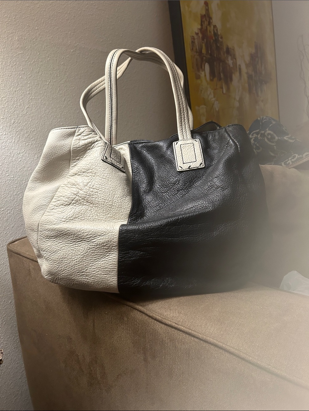 Splendid Two-Tone Black and Cream Leather Tote Bag